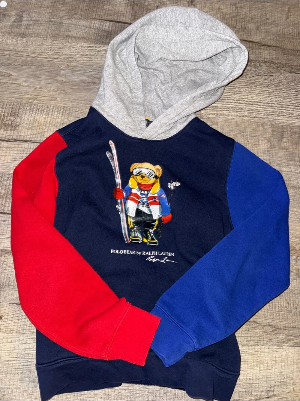 Ralph Lauren Polo Bear Size L 14-16 G Navy Hoodie with Red & Blue Sleeves